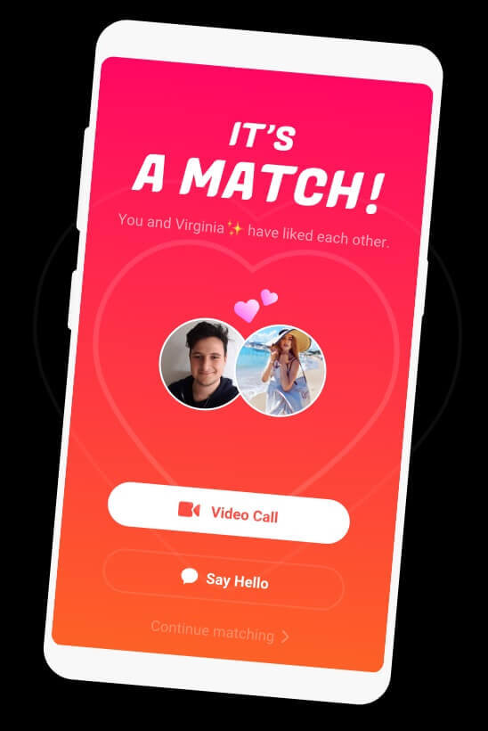 A phone screen showing a match notification on fachat with an option to start a 1v1 video chat.